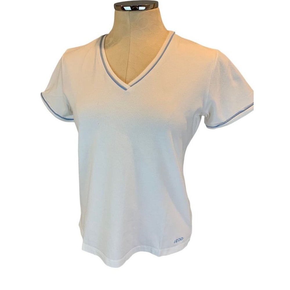 Medium Izod Stretch Vintage Y2K Women's White Golf Tshirt Blue Trim